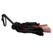 Black faux fur flogger with red faux leather strands and a wrapped handle with wrist strap.