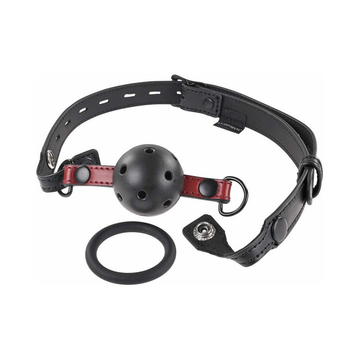 Black and scarlet adjustable faux leather gag with interchangeable breathable ball and bite ring pieces.