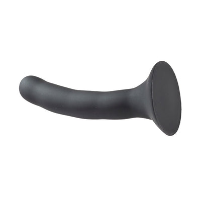 Black silicone dildo with a curved shape and flared base for secure and comfortable pegging play.