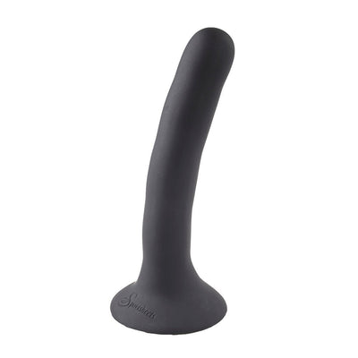 Black silicone dildo with a slightly curved shape and flared base, designed for use with an adjustable strap-on harness.