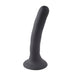 Black silicone dildo with a slightly curved shape and flared base, designed for use with an adjustable strap-on harness.