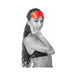 Woman wearing a red satin heart-shaped blindfold with double elastic straps and soft padding.