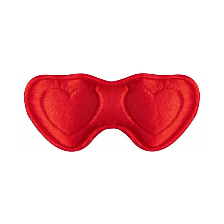 Red satin heart-shaped blindfold with double elastic straps and soft padding for comfortable sensory play.