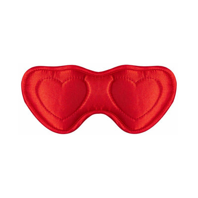 Red satin heart-shaped blindfold with double elastic straps and soft padding for comfortable sensory play.