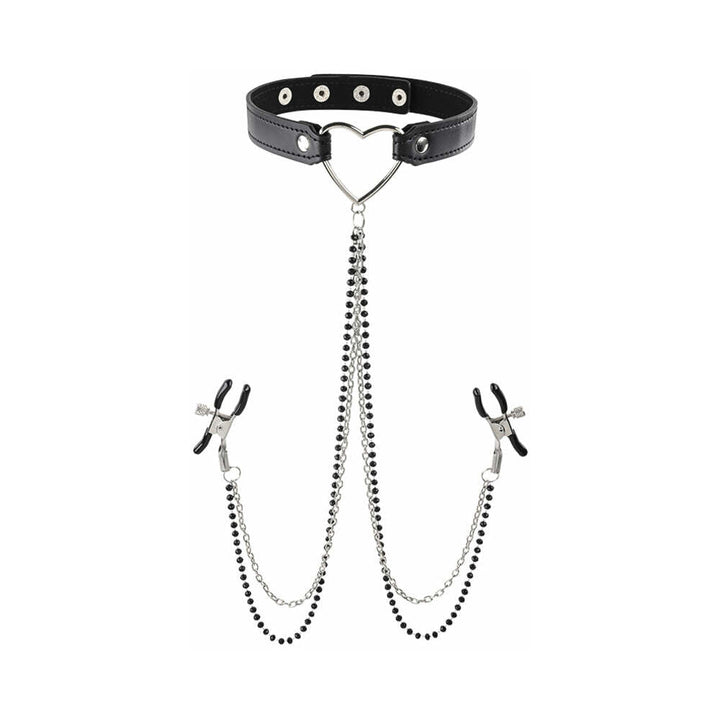 Black adjustable heart-shaped choker with attached silver chains and black-tipped nipple clamps.