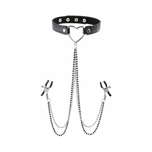 Sportsheets Sex & Mischief Amor Collar With Nipple Clamps Black - SexToy.com