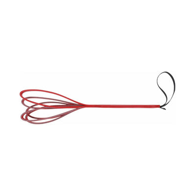 Red vegan leather loop paddle with five strands and a black wrist strap for playful impact.