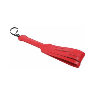 Red vegan leather loop paddle with five strands and a black wrist strap for playful impact.