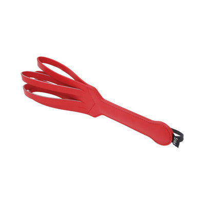 Red vegan leather loop paddle with five flexible strands and a wrist strap for playful impact.