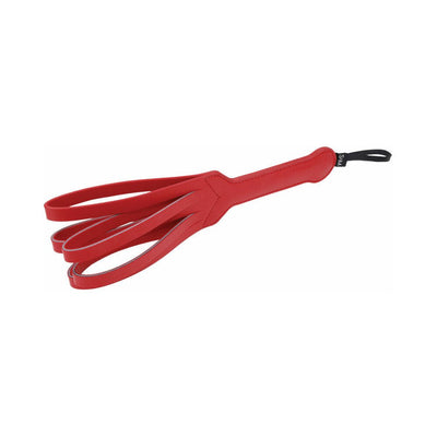 Red vegan leather loop paddle with five flexible strands and a black wrist strap for playful impact.