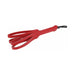 Red vegan leather loop paddle with five flexible strands and a black wrist strap for playful impact.