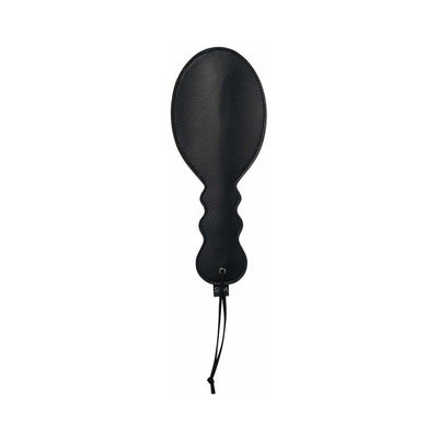 Black faux leather paddle with contoured handle and wrist strap for secure grip