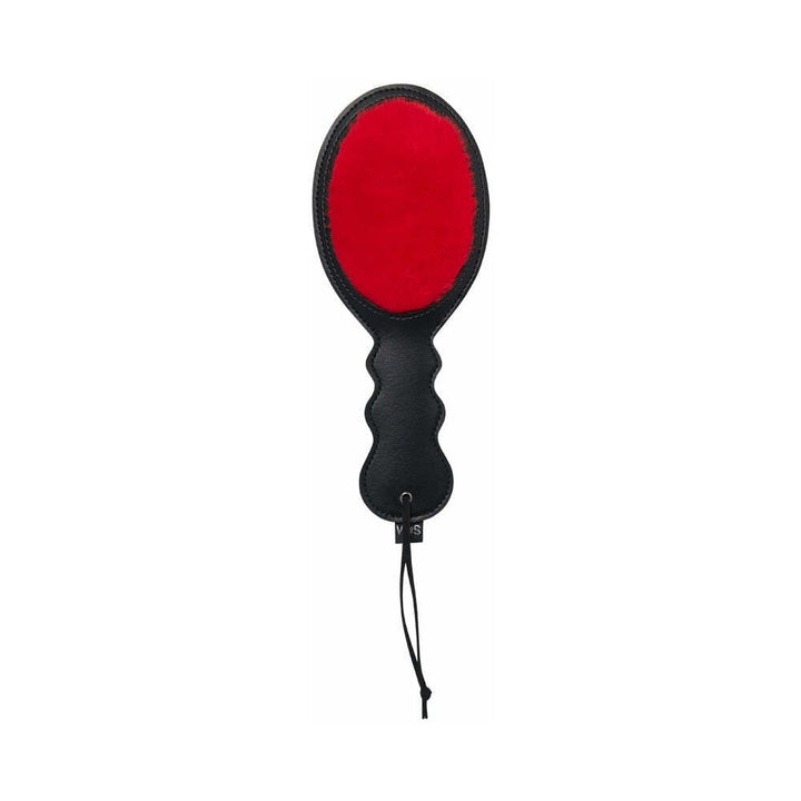 Red faux fur and black faux leather dual-sided paddle with a contoured handle and wrist strap.
