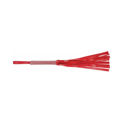 Red vegan leather flogger with sparkling rhinestone handle and wrist loop, featuring multiple soft falls.