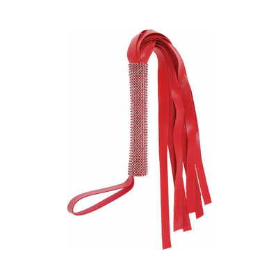 Red vegan leather flogger with sparkling rhinestone handle and wrist loop, featuring multiple soft falls.