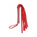 Red vegan leather flogger with sparkling rhinestone handle and wrist loop, featuring multiple soft falls.