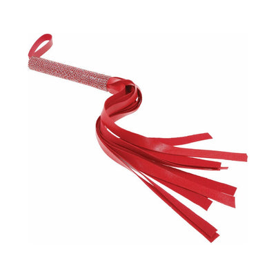 Red vegan leather flogger with sparkling rhinestone handle and wrist loop, featuring multiple soft falls.