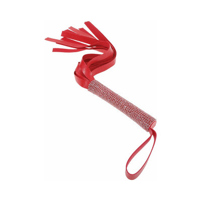 Red vegan leather flogger with sparkling rhinestone handle and wrist loop, featuring multiple soft falls.