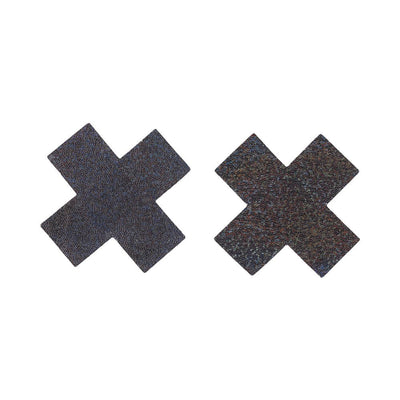 Pair of black adhesive X-shaped pasties on a white background from the Sportsheets Brat Bondage Kit.