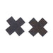 Pair of black adhesive X-shaped pasties on a white background from the Sportsheets Brat Bondage Kit.