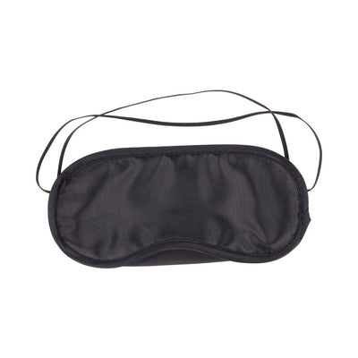 Black elastic blindfold with soft fabric front and adjustable straps for comfortable wear.
