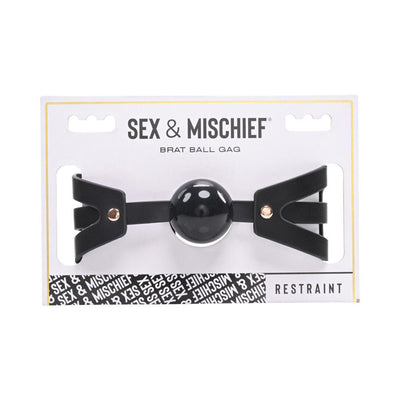 Sportsheets Sex & Mischief Brat Ball Gag with black silicone ball and adjustable faux leather straps in retail packaging
