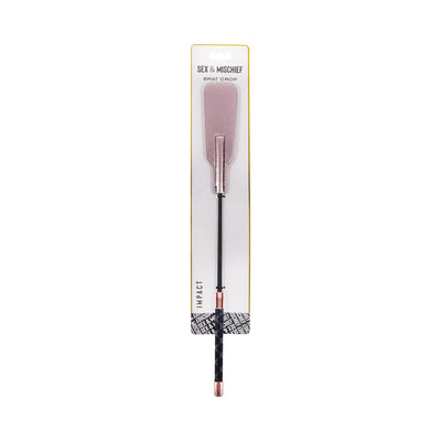 Rose gold vegan leather brat crop with black handle in branded packaging for impact play.