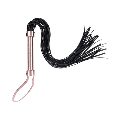 Black faux leather flogger with 30 falls and a metallic rose gold handle with wrist loop.