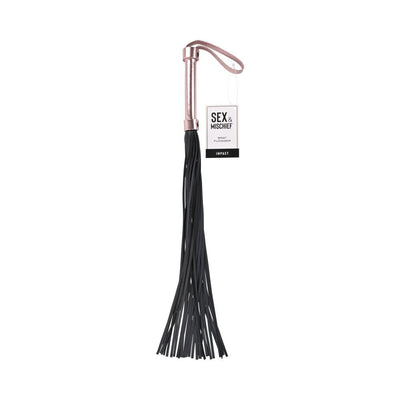 Sportsheets Sex & Mischief Brat Flogger with black faux leather falls and rose gold handle with wrist loop and tag.