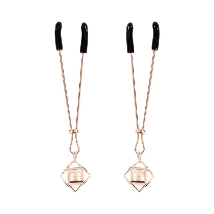 Rose gold adjustable nipple clips with black rubber tips and decorative faux pearl charms in geometric frames.