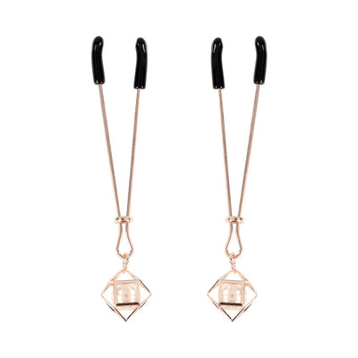 Rose gold adjustable nipple clips with black rubber tips and decorative faux pearl charms in geometric frames.