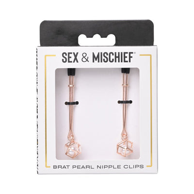 Rose gold adjustable nipple clips with faux pearl accents in geometric cages, packaged in Sex & Mischief branded box.
