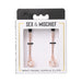 Rose gold adjustable nipple clips with faux pearl accents in geometric cages, packaged in Sex & Mischief branded box.