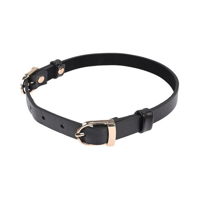 Black faux leather collar with two adjustable gold-tone buckles and a sleek, minimalist design.