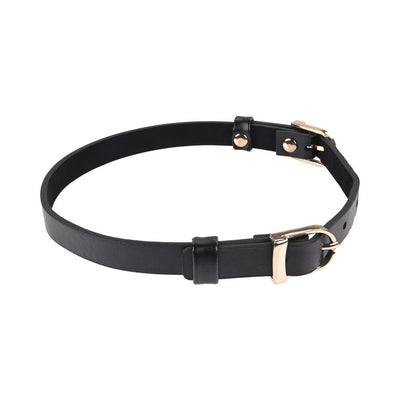 Black faux leather double buckle collar with gold-tone hardware and adjustable fit on white background.