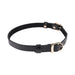 Black faux leather double buckle collar with gold-tone hardware and adjustable fit on white background.