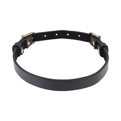 Black faux leather double buckle collar with gold-tone hardware and adjustable fit.