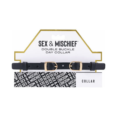 Black faux leather double buckle day collar with gold buckles on branded Sex & Mischief packaging.