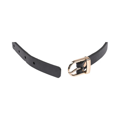 Close-up of black faux leather collar with gold adjustable buckle and multiple sizing holes on white background.