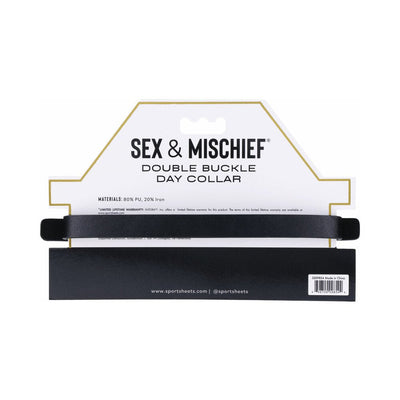 Black faux leather double buckle day collar displayed on white and black branded packaging with gold trim.