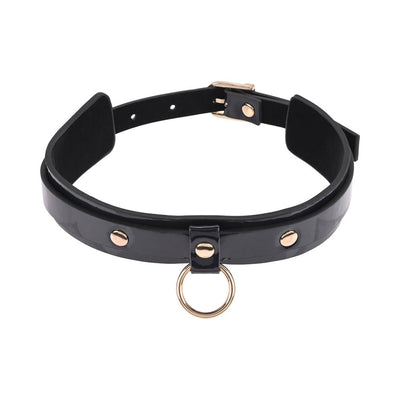 Black faux leather collar with gold-tone buckle, rivets, and central metal ring detail.