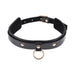 Black faux leather collar with gold-tone buckle, rivets, and central metal ring detail.