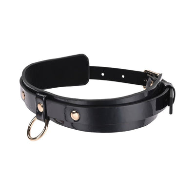 Black glossy faux leather collar with gold-tone buckle, rivets, and metal ring, adjustable fit with padded interior lining.