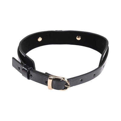 Black faux leather collar with gold buckle and rivets, adjustable fit, shown on white background.