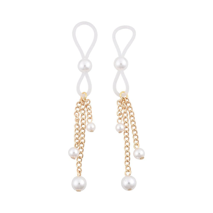 Pair of adjustable clear loop nipple ties with gold chains and dangling faux pearls for a delicate, elegant look.