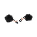 Pair of rose gold adjustable nipple clamps with black rubber tips and soft black faux fur puff attachments.