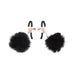 Adjustable rose gold nipple clamps with black rubber tips and soft black faux fur puff balls.