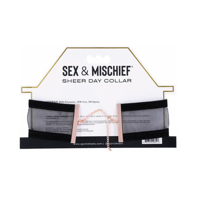 Sheer black mesh collar with velvet trim and gold chain detail on branded Sportsheets Sex & Mischief packaging.