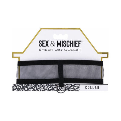 Sheer black mesh collar with velvet trim and gold ring on branded Sex & Mischief packaging.