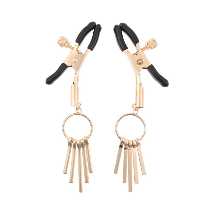 Gold-tone adjustable nipple clamps with black rubber tips and decorative dangling metal rods.